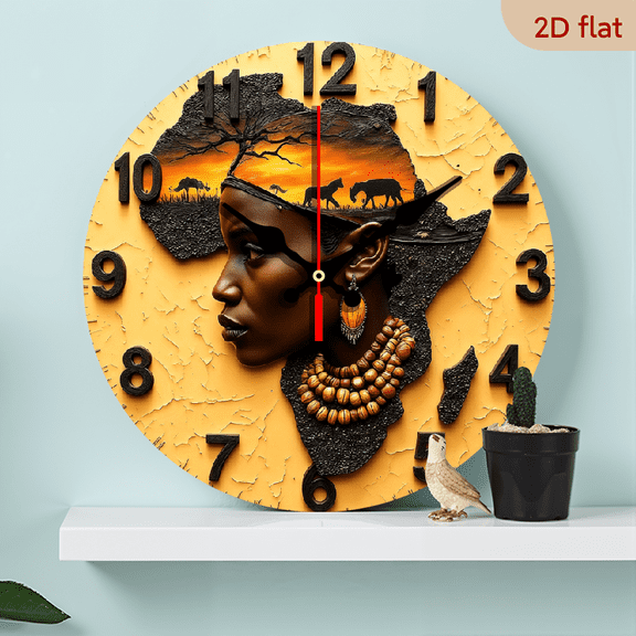 2D Flat 1pc 10Inch Silent Quartz Wall Clock, African Design Round Manufactured Wood Analog Display Battery Powered(AA Batteries Not Included) Suitable for Home Decoration, Suitable for Room Dormitory