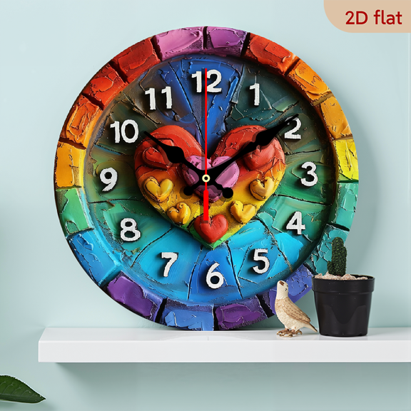 2D Flat 1pc 10Inch Silent Round Wooden Wall Clock with Rainbow Heart Design Recycled Wood Frame, Quartz Movement, Battery Operated (AA Not Included) Vibrant Colorful Decor for Bedroom, Bathroom