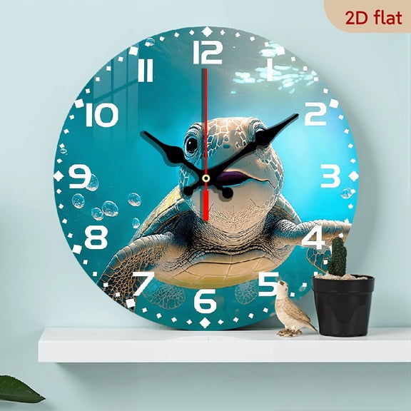 2D Flat 1pc 10Inch Silent Sea Turtle Wooden Wall Clock Non Ticking Ocean Theme Decor with Sea Turtle Design, Battery-Powered (AA Not Included) for Living Room, Bedroom, Beach House