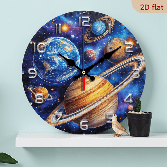 2D Flat, 1pc 10Inch Silent Space Planets Wall Clock - Wood Veneer, Round, Battery Operated (AA), Vibrant Cosmic Design with Jupiter, Saturn, and Planets - Perfect for Living Room or Study, Ideal G