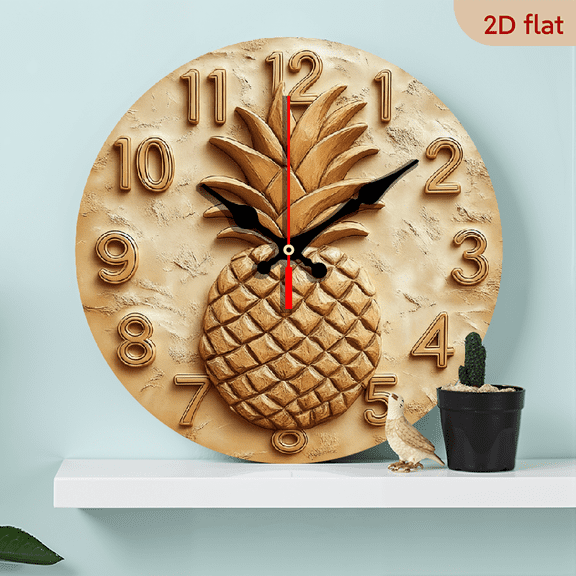 2D Flat 1pc 10Inch Silent Vintage Pineapple Wall Clock - Tropical Home Decor with Wooden Quartz Movement, Perfect for Halloween Christmas, Unique Gift Idea for Living Room, Bedroom, or Office