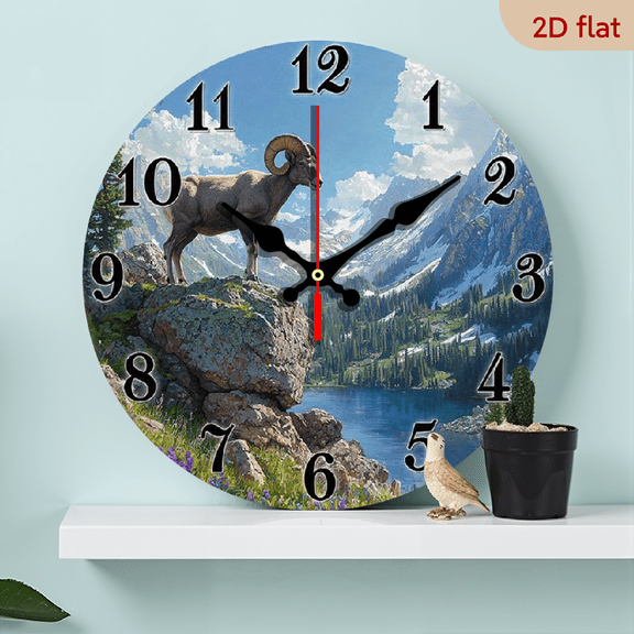 2D Flat 1pc 10Inch Silent Wall Clock Non-Ticking Wooden, Decorative Circular Clock Mountain goat in alpine landscape Design for Living Room, Kitchen, Office, Closet Wall