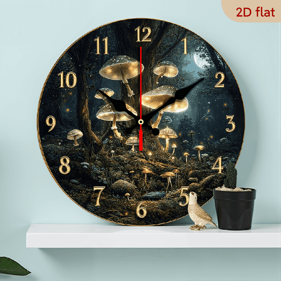 2D Flat 1pc 10Inch Silent Wooden Mushroom Wall Clock - Retro Forest Enchanted Theme, AA Powered, Round Clock for Kitchen, Bedroom, Office Decor - Farmhouse Style