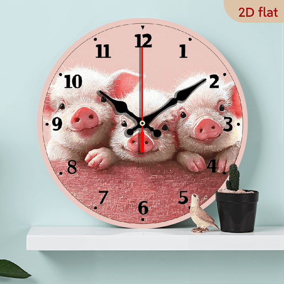 2D Flat 1pc 10Inch Silent Wooden Wall Clock with Cute Piglets Design Non Ticking, Round Clock for Kitchen, Home Office, Studio, or Guest Room, (Battery Not Included), Cute Clock