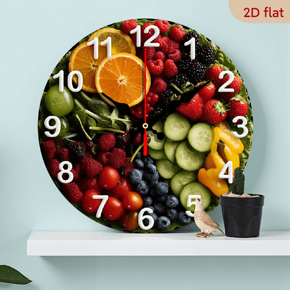2D Flat 1pc 10Inch Silent Wooden Wall Clock, Round, Farmhouse Style, Vibrant Vegetable Fruit Design - Ideal for Kitchen, Bedroom, Office Decor, Easy to Read, AA Battery Operated (Not Included)