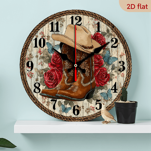 2D Flat, 1pc 10Inch Simple Cowboy Boots and Rose Flower Pattern Design Wooden Wall Clock, Western Style Silent Clock, Suitable for Living Room, Bedroom, Kitchen, Office, Farm Decoration, Modern Ho