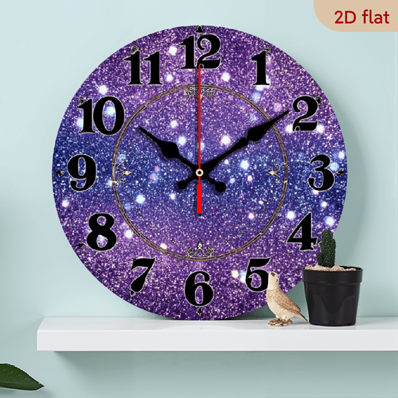 2D Flat, 1pc 10Inch Sparkling Galaxy Round Wall Clock - Silent Wood Veneer Design with Cosmic Starry Backdrop - Battery Operated (AA, Not Included) - Perfect for Living Room, Study, or Gift for Fr