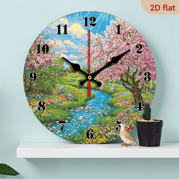 2D Flat 1pc 10Inch Spring Meadow Blooming Trees Design Wooden Wall Clock - Non-Ticking, Decorative Round Clock for Kitchen, Bedroom, Living Room, Stairwell, Laundry Room Wall Clock Living Room