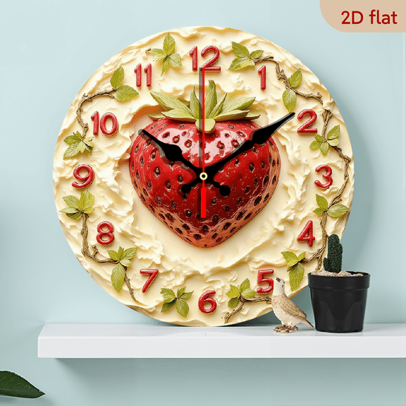 2D Flat 1pc 10Inch Strawberry Wall Clock with Red Green Leaf Design - Modern Round Wood Silent Non-Ticking Quartz Movement, Large Easy-to-Read Black Hands, Battery-Powered (AA Battery Not Included