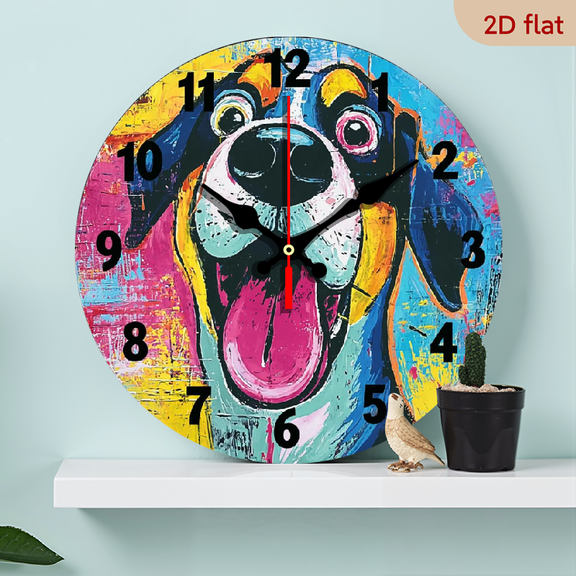 2D Flat 1pc 10Inch Surprised dog Round Wooden Wall Clock for Home Decor, Wall hanging decor Wall Decor for Linving Room, Perfect for Living Room, Dorm, Bedroom, Kitchen, Home Office More