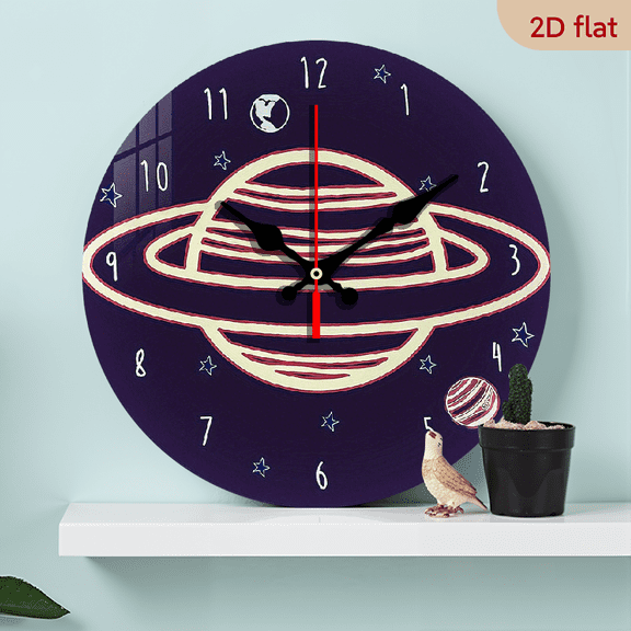 2D Flat 1pc 10Inch Tempered Wood Personality Wall Clock, Cosmic Planet Star Pattern Silent Battery Powered, Use for Living Room Bedroom Outdoor Decorative Clock, Gift for Friends (no battery)