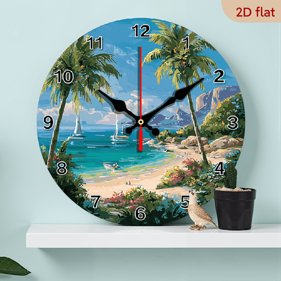 2D Flat 1pc 10Inch Tropical Beach Sailboat Wooden Wall Clock - Silent Wood Veneer Round Clock with Vibrant Palm Tree Ocean Scene - Batteries Not Included - Perfect for Living Room, Bedroom