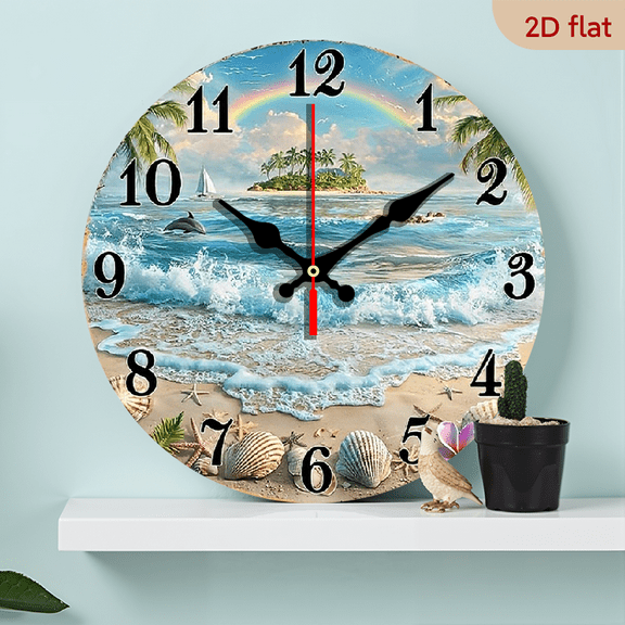 2D Flat 1pc 10Inch Tropical Beach Scene Wooden Wall Clock, Silent Non-Ticking Round Clock with Dolphin Design, 254cm Ideal for Foyer, Kitchen, Home Office, Studio, Guest Room