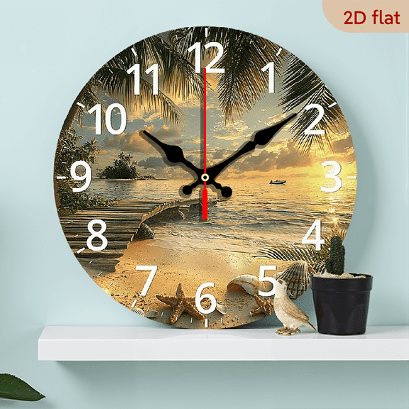 2D Flat 1pc 10Inch Tropical Beach Sunset Wall Clock - Silent Non-Ticking Wooden Circular Design, 254 cm Battery Operated (AA Not Included) for Living Room, Kitchen, Office, Closet, Guest Room Decor