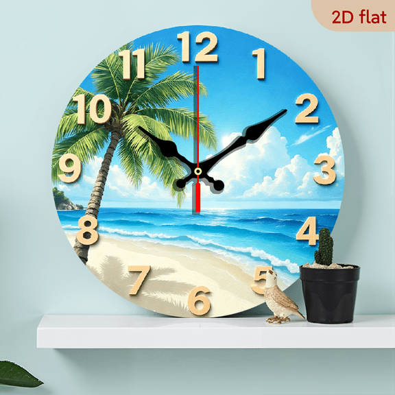 2D Flat, 1pc 10Inch Tropical Beach Wall Clock with Palm Tree Ocean Design - Silent Non-Ticking Quartz Movement, Large White Face Golden Hands, Wood Frame for Living Room, Bedroom, Bathroom, Room -