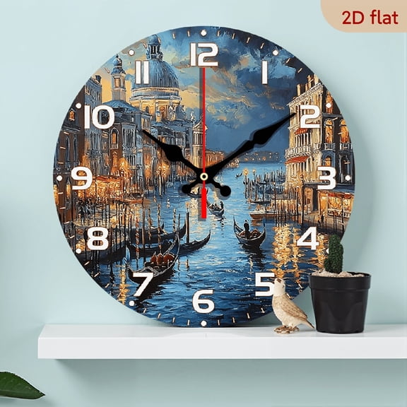 2D Flat 1pc 10Inch Venice Night Scene Wooden Silent Wall Clock - Wood Veneer, Round Artistic Design with Gondolas and Architecture - Ideal for Living Room, Bedroom, Kitchen - Batteries Not Included