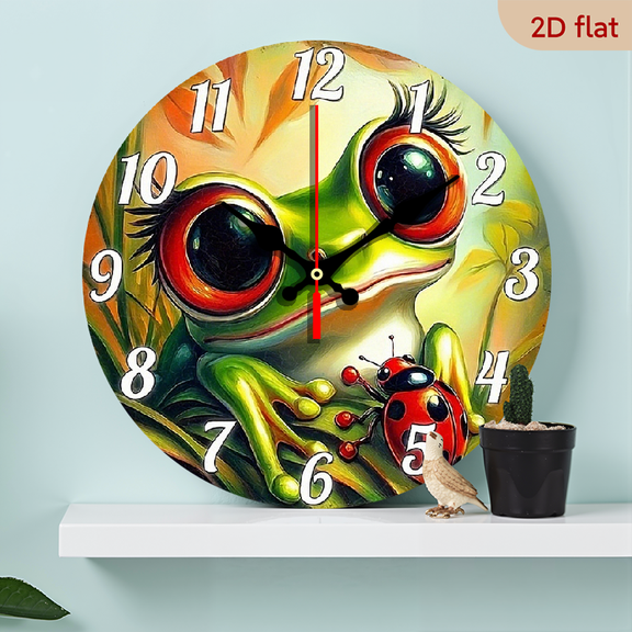 2D Flat 1pc 10Inch Vibrant Frog Ladybug Wooden Wall Clock - Non-Ticking, Round Design with Red Eyes White Hands, Perfect for Living Room, Bedroom, Kitchen, Entryway, Office - 254cm, Cute Clock