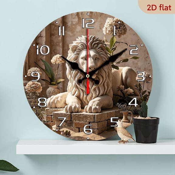 2D Flat 1pc 10Inch Vintage Bohemian Lion Floral Wooden Wall Clock - Round Silent Quartz Movement, Beige Brown Wood Grain Face with White Numerals Red Second Hand, Battery-Powered