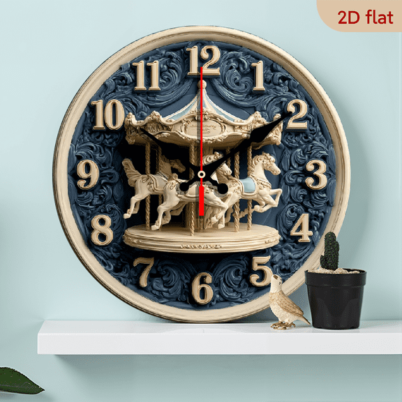 2D Flat 1pc 10Inch Vintage Carousel Wooden Wall Clock - Silent, Farmhouse Style Decor for Kitchen, Bedroom, Office - Battery Operated (AA), No Ticking Sound - Perfect Christmas Gift