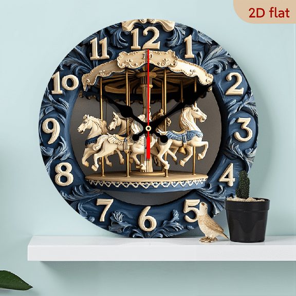 2D Flat 1pc 10Inch Vintage Carousel Wooden Wall Clock - Silent, Farmhouse Style Decor for Kitchen, Bedroom, Office - Battery Operated (AA), No Ticking Sound - Perfect Christmas Gift