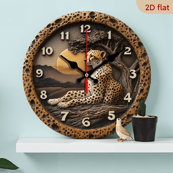 2D Flat 1pc 10Inch Vintage Cheetah Wooden Wall Clock - Silent, Easy-to-Read Farmhouse Decor for Kitchen, Bedroom, Office Battery Not Included