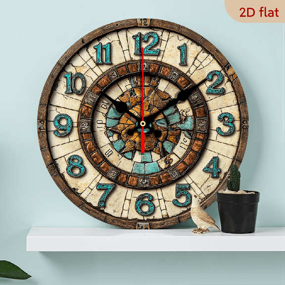 2D Flat 1pc 10Inch Vintage Earth Theme Wooden Round Wall Clock, Silent Movement, Farmhouse Style Home Decor for Kitchen, Bedroom, Office, AA Battery Operated (Not Included), Ideal for St Patrick'S Da