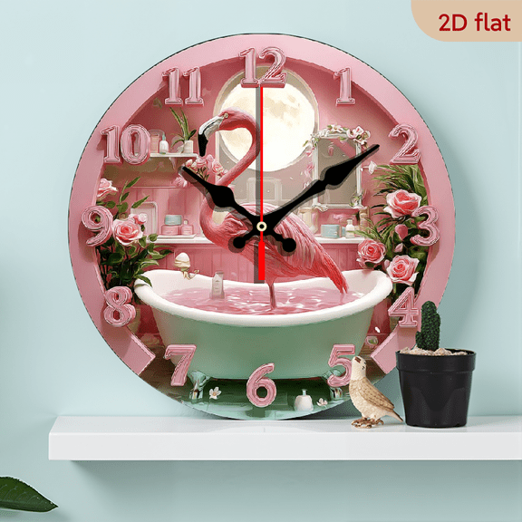 2D Flat 1pc 10Inch Vintage Flamingo Spa Bathtub Wooden Wall Clock - Silent Non-Ticking Quartz Movement, Pastel Floral Decor with Moon Flamingo Design, Artificial Wood Battery Operated