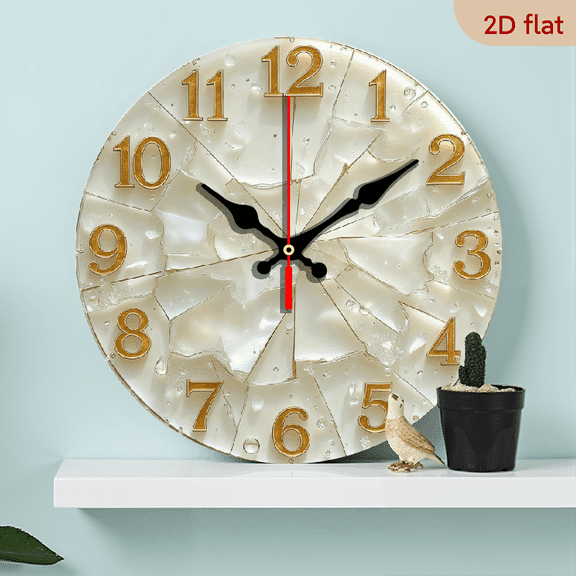 2D Flat 1pc 10Inch Vintage Shattered Resin Wooden Wall Clock with Golden Numbers - Silent Quartz Movement, Glittery White Cracked Design, Artificial Wood Frame, Battery Operated (AA Not Included)