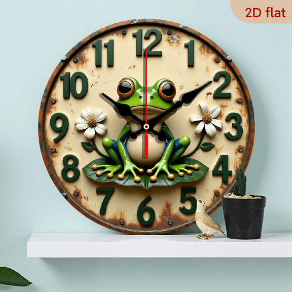 2D Flat 1pc 10Inch Vintage Silent Wall Clock Room Decor, Frog Clock with Flowers - Rustic Decorative Wall Timepiece, 10-inch, Non-Luminous, WoodenQuartz Design, Perfect For Halloween Christmas