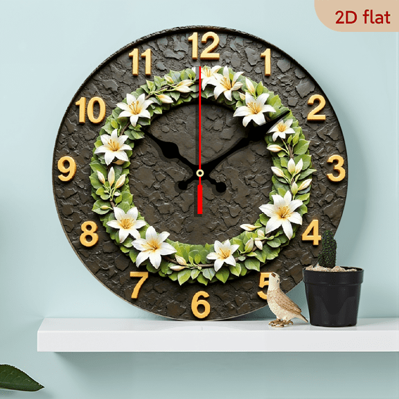 2D Flat 1pc 10Inch Vintage White Golden Floral Wreath Round Wooden Wall Clock with Large Black Hands - Quartz Silent Movement, White Lilies Green Foliage Design, Golden Arabic Numerals - Battery-