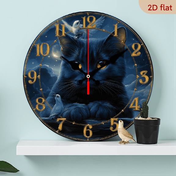 2D Flat 1pc 10Inch Wall Clock Decor, Blue Cat under Starry Sky Wooden Round Wall Clock, Wall Clocks Battery Operated, For Bathroom Bedroom Living Room Office Decor (AA Not Included)