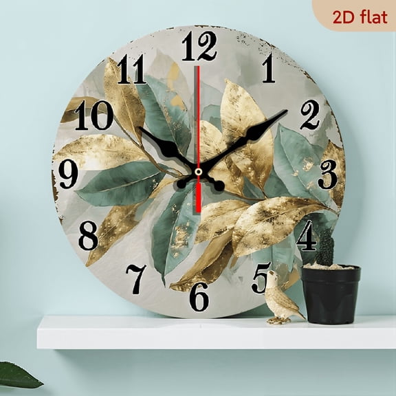 2D Flat 1pc 10Inch Wall Clock - Non-Ticking Wooden, Abstract Botanical Design with Golden and Green Leaves, Round, Silent, No Battery Included, Ideal for Office, Conference Room, Reception Area