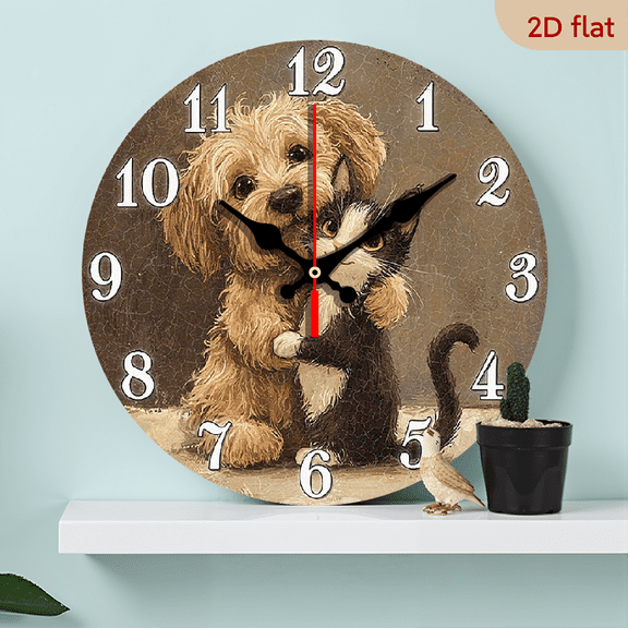 2D Flat 1pc 10Inch Wall Clock Non-Ticking Wooden, Circular Clock Cute dog and cat friendship Design for Kitchen, Bedroom, Living Room, Stairwell, Laundry Room