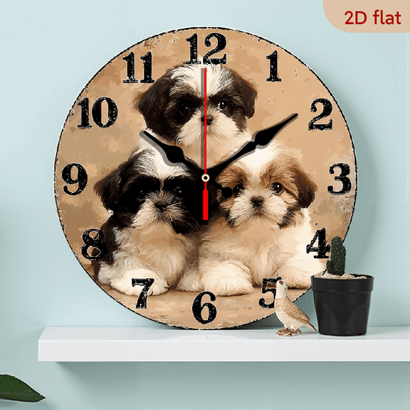 2D Flat 1pc 10Inch Wall Clock Non-Ticking Wooden, Circular Clock Shih Tzu puppies portrait Design for Bedroom, Living Room, Dining Area, Hallway, Study 254cm (Battery Not Included)