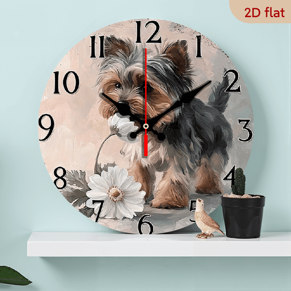 2D Flat 1pc 10Inch Wall Clock Non-Ticking Wooden, Circular Clock Yorkshire Terrier with white flowers Design for Office, Conference Room, Reception Area, Lounge, Waiting Room (No Battery)