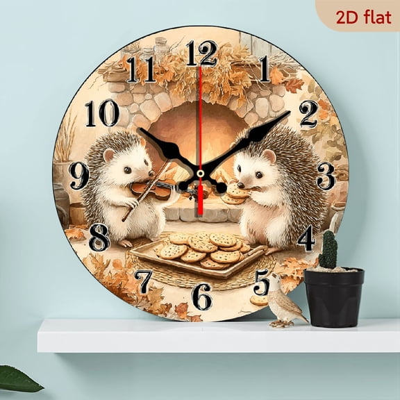 2D Flat 1pc 10Inch Whimsical Hedgehog Musician Wall Clock - Non-Ticking, Wooden Round Clock with Autumn Scene Design, Playful Hedgehogs Music Instruments, Perfect for Dining Room, Hallway