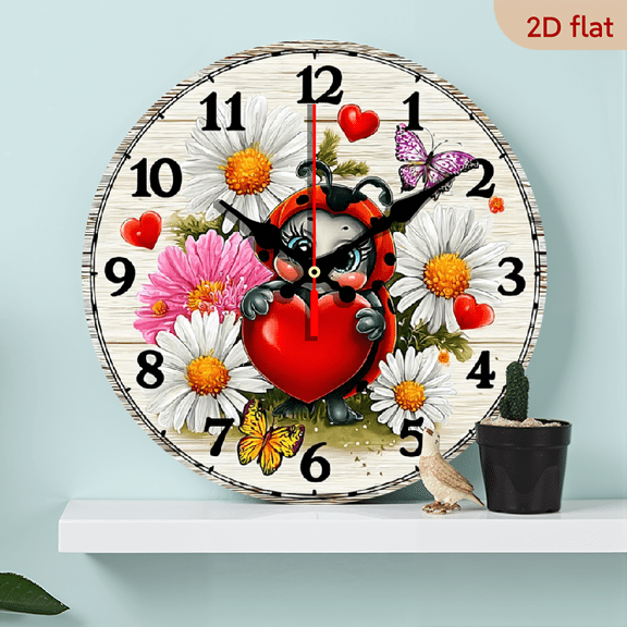 2D Flat, 1pc 10Inch Whimsical Ladybug Floral Wall Clock - Vintage Wooden Base, Red Black Ladybug, Pink White Flowers, Heart Accents - Ideal for Home Decor, Birthday, Halloween, Christmas Gifts, Cl