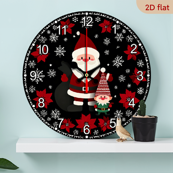 2D Flat 1pc 10Inch Wooden 1 Large 10Inch Round Wooden Wall Clock with Santa and Gnome Pattern - Red Winter Snowflake Design, Battery Operated (AA Batteries Not Included) - Easy to Read