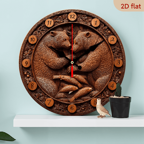 2D Flat 1pc 10Inch Wooden 1pc Bear Snatch Fish Wooden Round Wall Clock - Silent Non-Ticking Farmhouse Room Decor, 10 Inch Wood Clock with Bear Fishing for Bedroom, Battery Not Included, Birthday