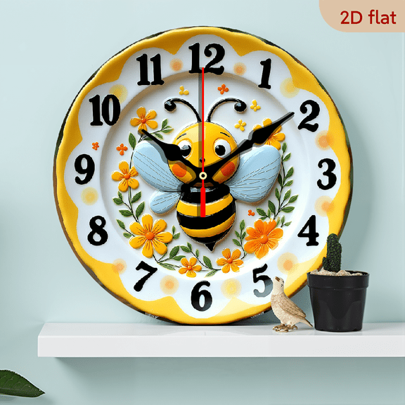 2D Flat 1pc 10Inch Wooden 1pc Bee-Themed Silent Wall Clock, 10Inch Round Clock with Colorful Floral Design Playful Bee Face, Battery Operated (AA Battery Not Included) - Ideal for Home Decor