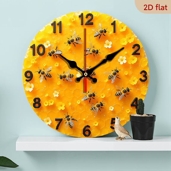 2D Flat 1pc 10Inch Wooden 1pc Beehive Bees Wall Clock - Honeycomb Pattern with Bees, Silent Non-Ticking Movement, Modern Farmhouse Decor - Battery-Powered (AA Not Included) - Clock for Living Room
