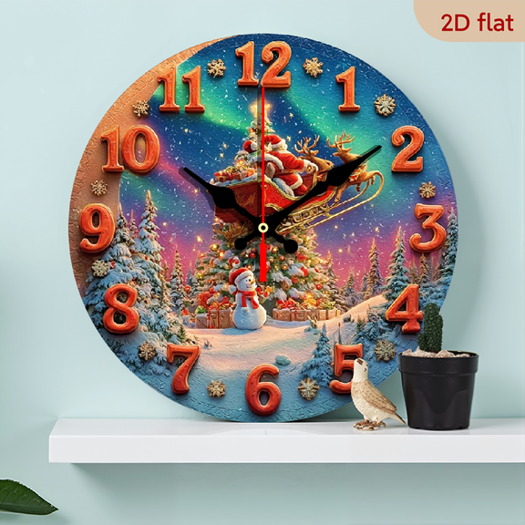 2D Flat 1pc 10Inch Wooden 1pc Christmas Sleigh Tree Snow Scene Wall Clock - Silent Non-Ticking Modern Round Wooden Frame with Red Hands Face, 10 Inch Large Easy-to-Read Numbers, Battery-powered