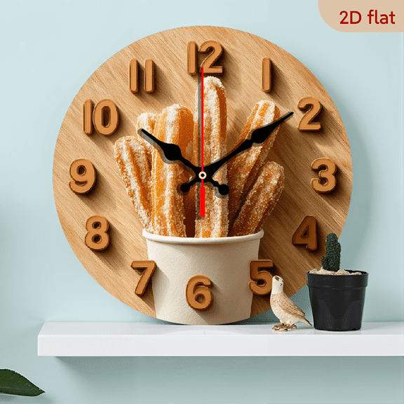 2D Flat 1pc 10Inch Wooden 1pc Churros-Themed Silent Quartz Wall Clock with Spanish Number Labels - 10Inch Artificial Wood Round Clock Room,, Spanish Class - Sweep Movement, - (AA Batteries