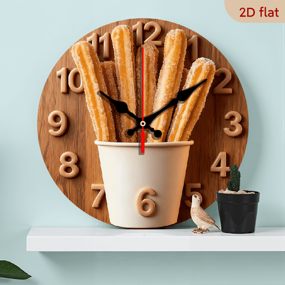 2D Flat 1pc 10Inch Wooden 1pc Churros-Themed Silent Quartz Wall Clock with Spanish Number Labels - Artificial Wood Round Clock Room,, Spanish Class - Sweep Movement, - (AA Batteries Not Include