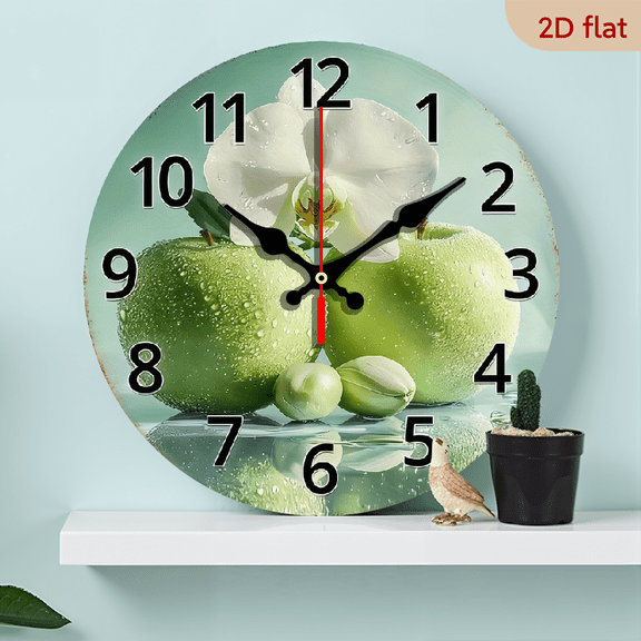 2D Flat 1pc 10Inch Wooden 1pc Decorative Round Wooden Wall Clock Non-Ticking, HD Glossy Lamination Finish, Fresh Orchid with Green Apples Design, Suitable for Foyer, Kitchen, Home Office, Studio