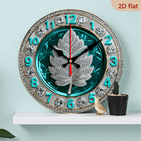 2D Flat 1pc 10Inch Wooden 1pc Diamond-Encrusted Quartz Wall Clock with Turquoise Bezel, Large White Face Black Hands - Swiss Quartz Movement, Silent Sweep, 10Inch Luxury Clock for, Office, Bedroom