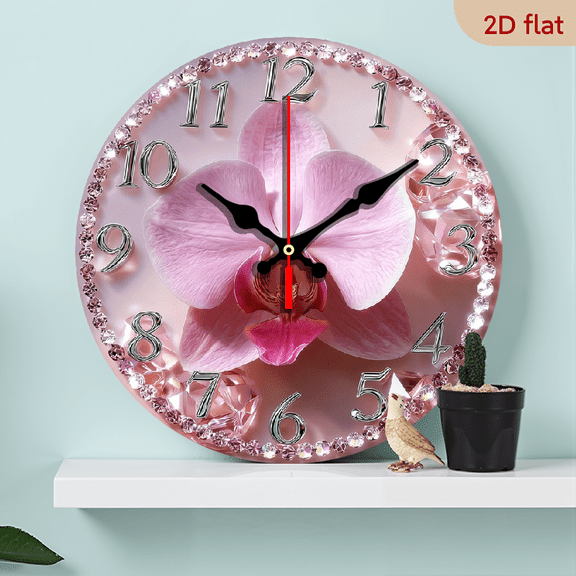 2D Flat 1pc 10Inch Wooden 1pc Diamond-Encrusted Rhinestone Orchid Wall Clock with Silent Quartz Movement - 10Inch Luxury Round -Like Border, Artificial Wood Frame - Pink for Bedroom, Living Room
