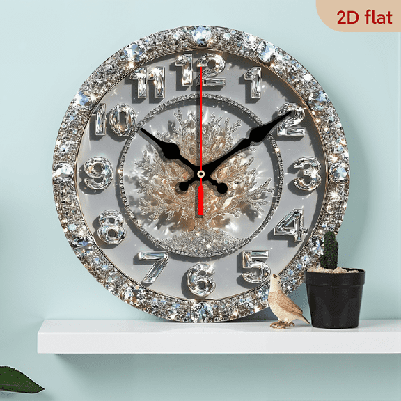 2D Flat 1pc 10Inch Wooden 1pc Diamond-Encrusted Wall Clock with Bezel - Large Quartz Movement Luxury Swiss Quartz Movement, Diamond-Accented Hands Face, 10Inch Round Clock for_Office (No)