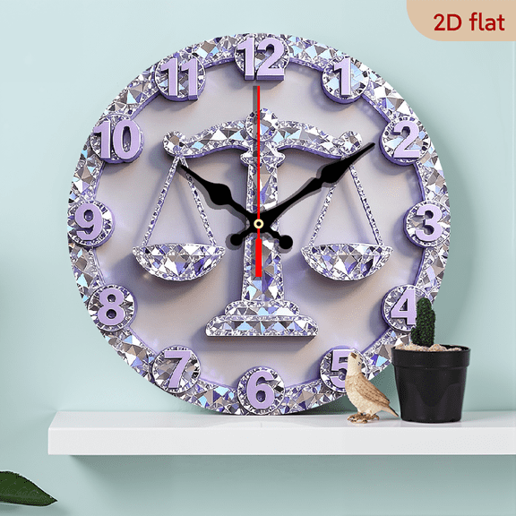 2D Flat 1pc 10Inch Wooden 1pc Diamond Libra Wall Clock - Elegant Diamond-Effect Scales Design, Silent Quartz Movement, 10Inch Round Wall Clock with Hands Face - for Living Room, Bedroom, Office