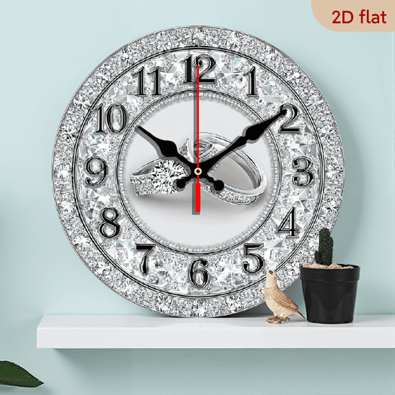 2D Flat 1pc 10Inch Wooden 1pc Diamond Ring Accent Wall Clock - Elegant Diamond-Effect with Hands, Silent Quartz Movement, Battery-Powered (AA Not Included), 10Inch Round Wall Clock for Living Room
